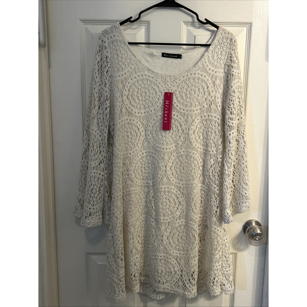 NWT Mechant Crochet Lined Ivory Dress with Bell Sleeves Size XL‎ Boho
